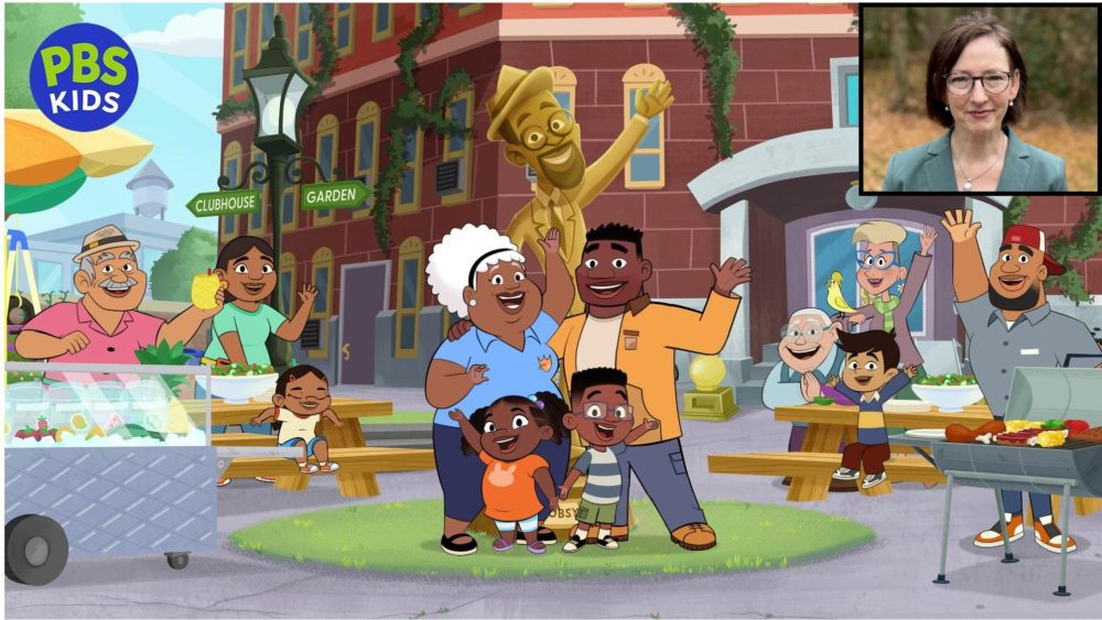 Main: A promotional image showing the cast of characters from Phoebe and Jay; inset: MELC faculty and Phoebe and Jay lead curriculum advisor Kelly Cartwright