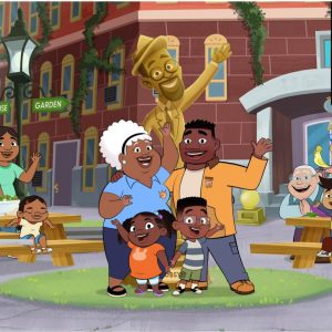 Phoebe and Jay and their cast of characters; inset: MELC faculty and Phoebe and Jay lead curriculum advisor Kelly Cartwright