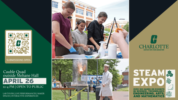 Marketing flyer for STEAM Expo featuring an image of students doing a science experiment and a professor doing a demonstration with open flames