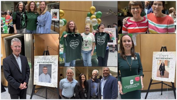 A collage of photos depicting the nine retiring faculty in Cato College and many colleagues celebrating them